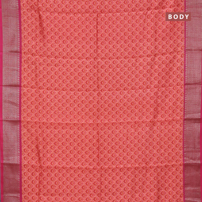 Chanderi silk cotton saree peach orange and pink with allover floral butta prints and banarasi style border