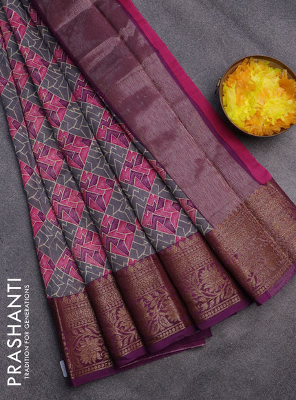 Chanderi silk cotton saree grey and purple with allover prints and banarasi style border