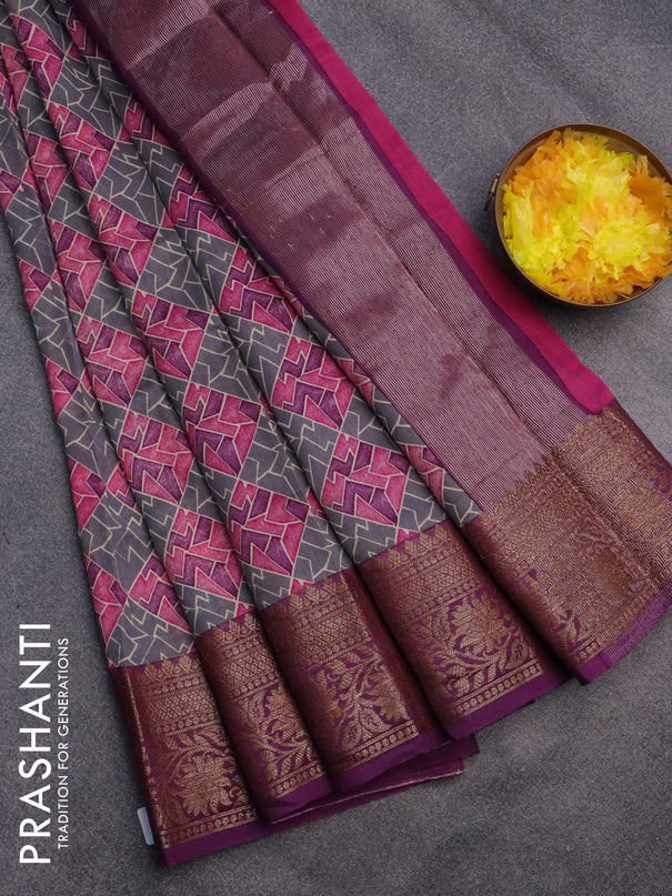 Chanderi silk cotton saree grey and purple with allover prints and banarasi style border