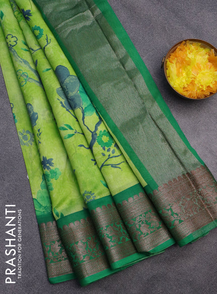 Chanderi silk cotton saree light green and green with allover floral prints and banarasi style border