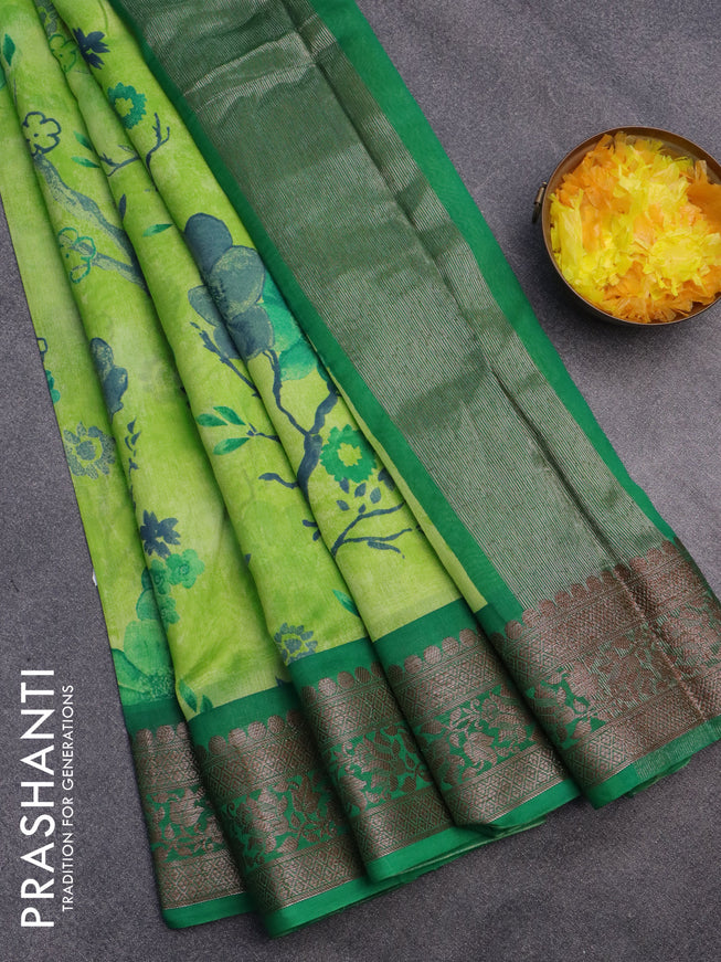 Chanderi silk cotton saree light green and green with allover floral prints and banarasi style border