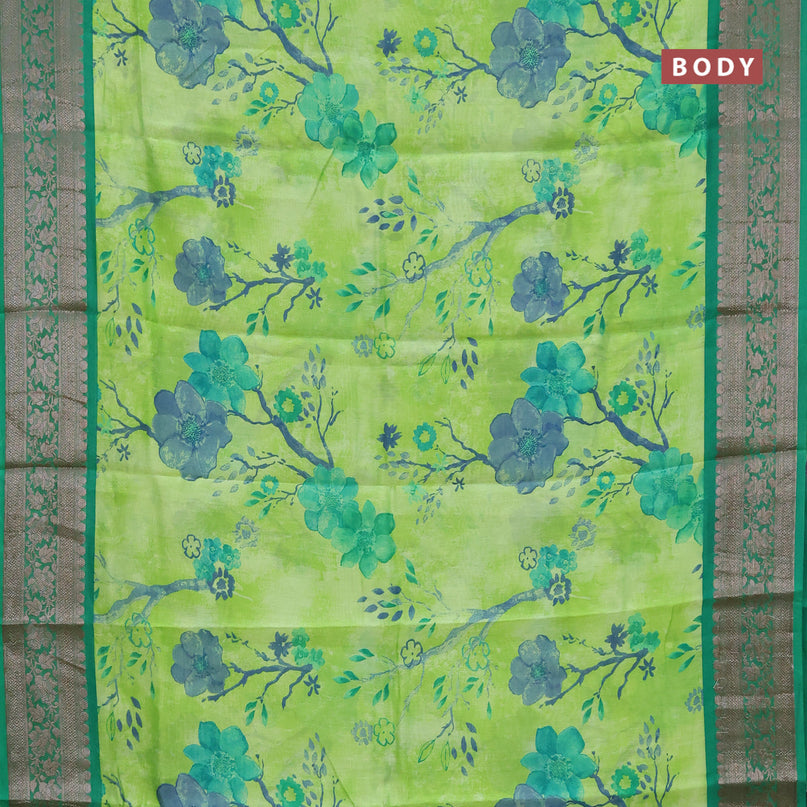 Chanderi silk cotton saree light green and green with allover floral prints and banarasi style border