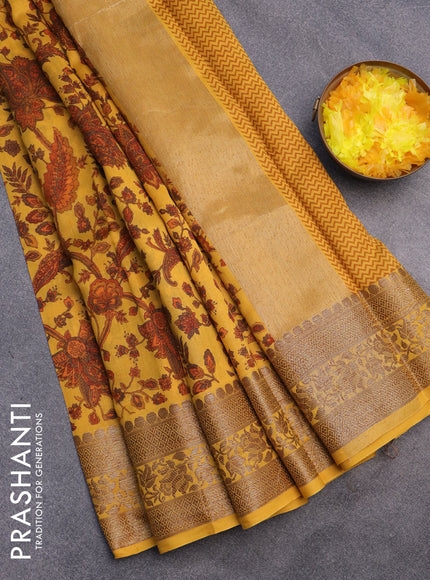 Chanderi silk cotton saree mustard yellow with allover kalamkari prints and banarasi style border