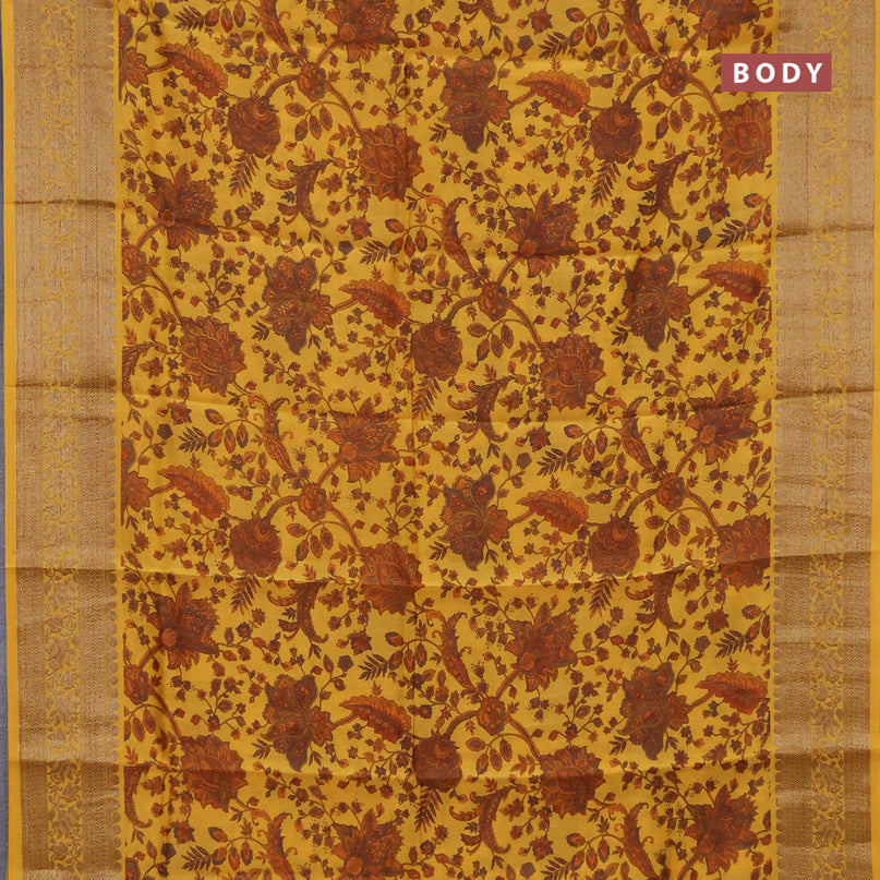 Chanderi silk cotton saree mustard yellow with allover kalamkari prints and banarasi style border