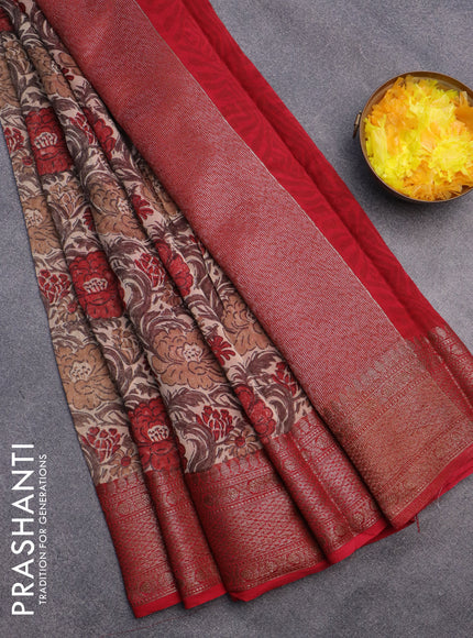 Chanderi silk cotton saree beige and red with allover floral prints and banarasi style border