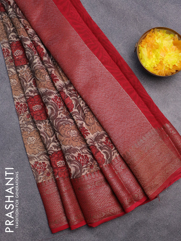 Chanderi silk cotton saree beige and red with allover floral prints and banarasi style border