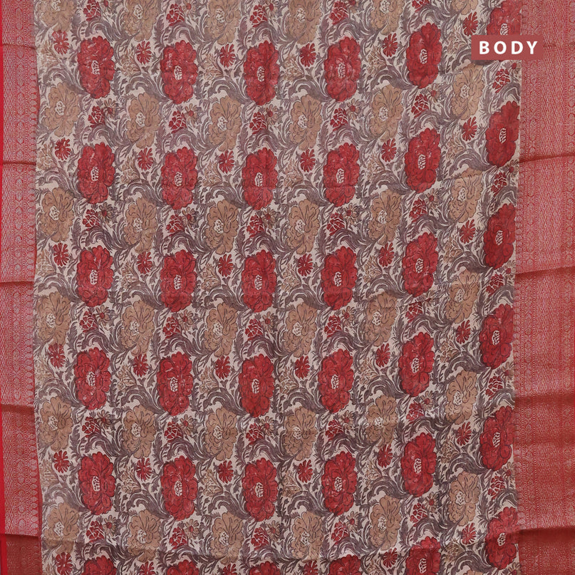 Chanderi silk cotton saree beige and red with allover floral prints and banarasi style border