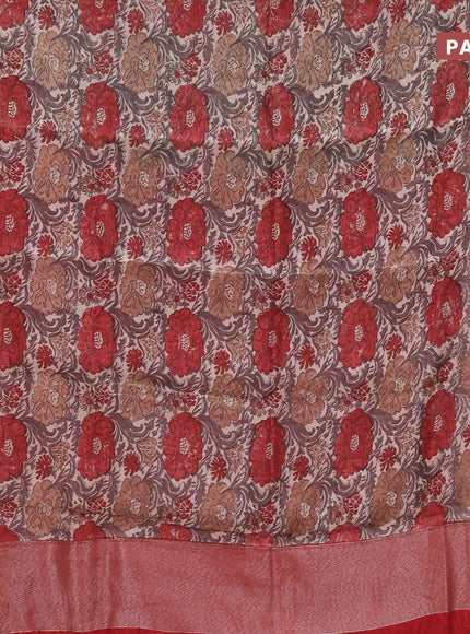 Chanderi silk cotton saree beige and red with allover floral prints and banarasi style border