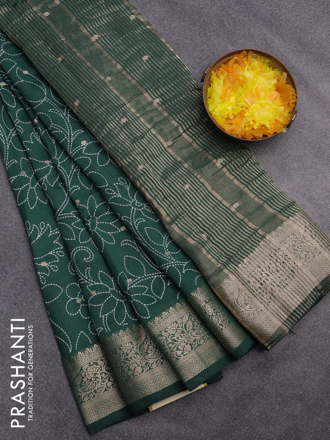 Assam silk saree green with allover floral prints & zari buttas and zari woven border