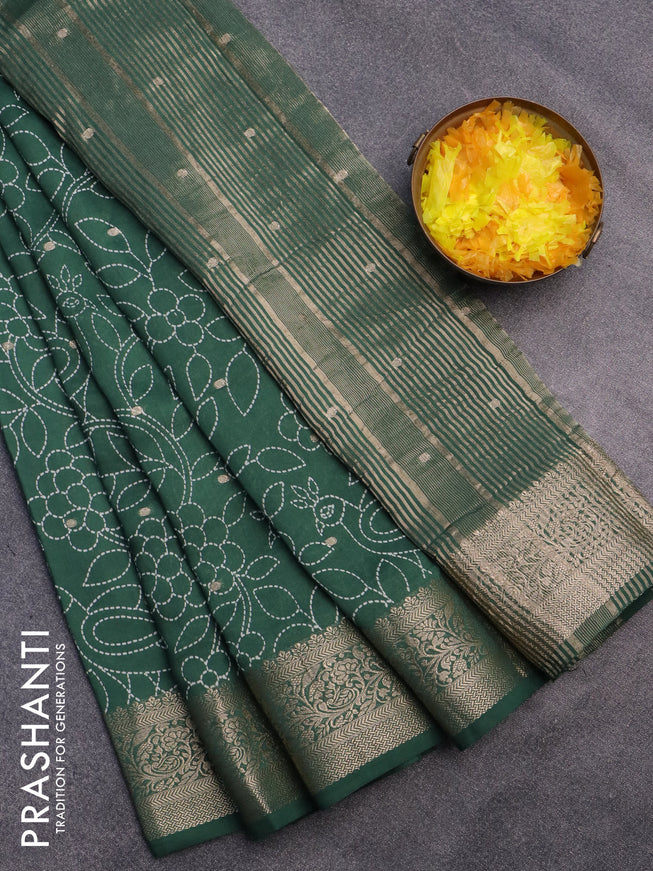 Assam silk saree green with allover floral prints & zari buttas and zari woven border