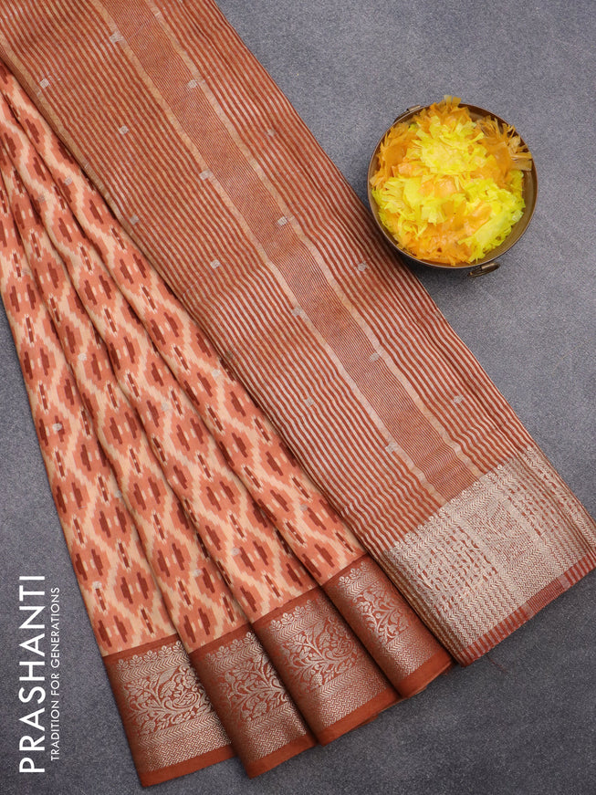 Assam silk saree pale orange and rust shade with allover ikat prints & zari buttas and zari woven border