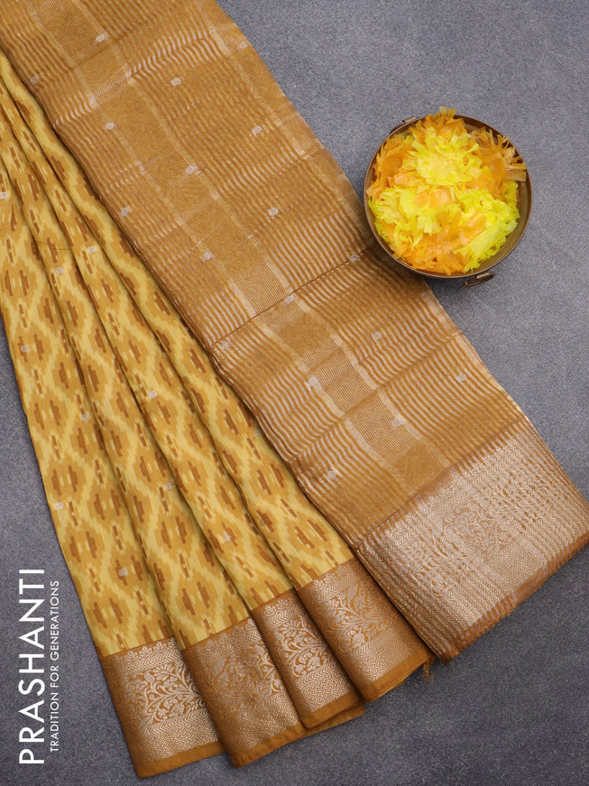 Assam silk saree mustard yellow with allover ikat prints & zari buttas and zari woven border