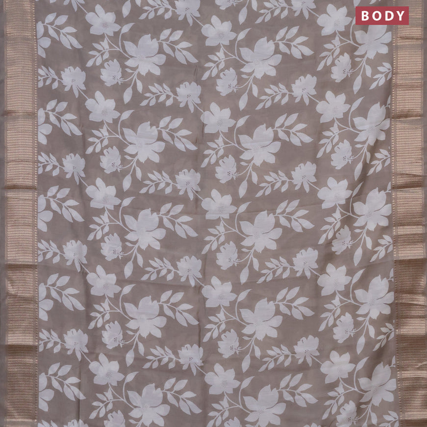 Assam silk saree grey shade with allover floral prints and zari woven border