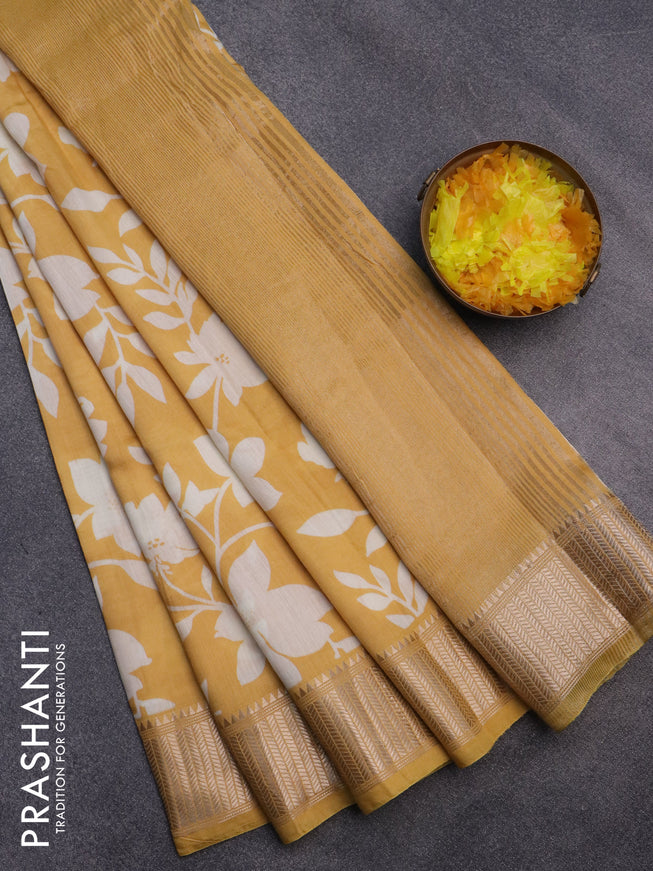 Assam silk saree yellow with allover floral prints and zari woven border