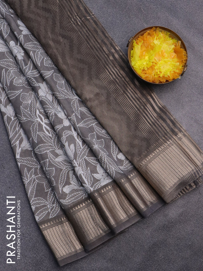 Assam silk saree grey shade with allover prints and zari woven border