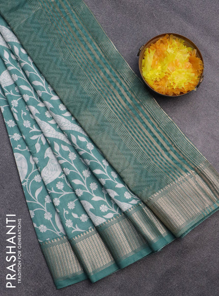 Assam silk saree teal green shade with allover floral prints and zari woven border