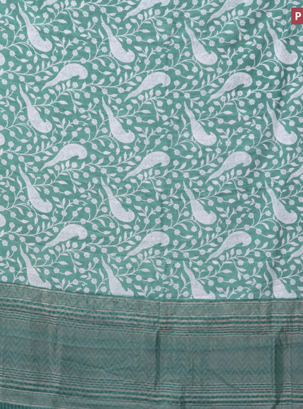 Assam silk saree teal green shade with allover floral prints and zari woven border