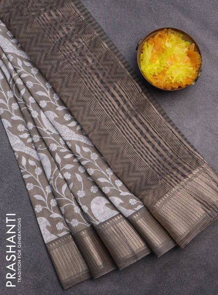 Assam silk saree grey shade with allover floral prints and zari woven border