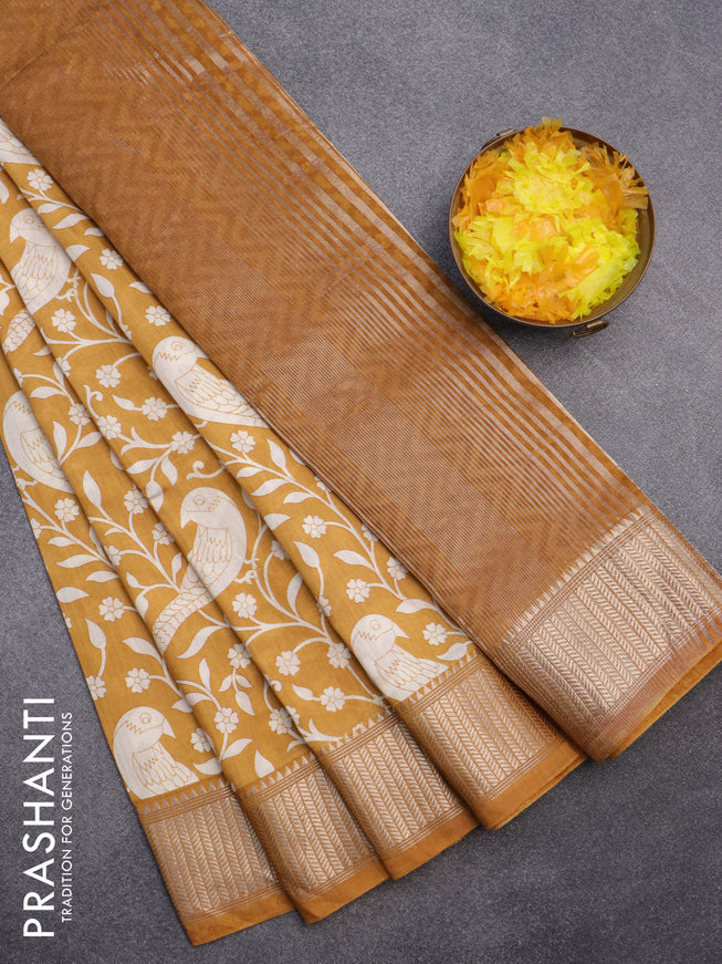 Assam silk saree mustard yellow with allover floral prints and zari woven border