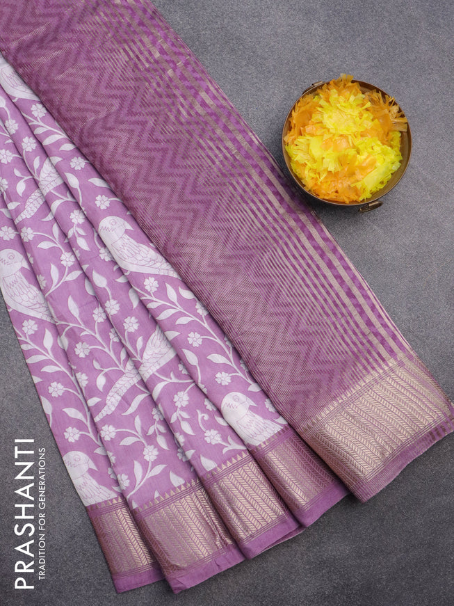 Assam silk saree purple with allover floral prints and zari woven border