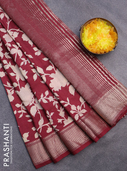 Assam silk saree maroon with allover floral prints and zari woven border