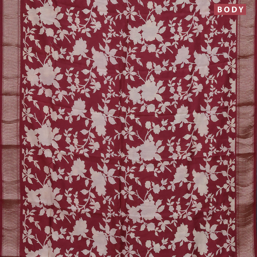 Assam silk saree maroon with allover floral prints and zari woven border