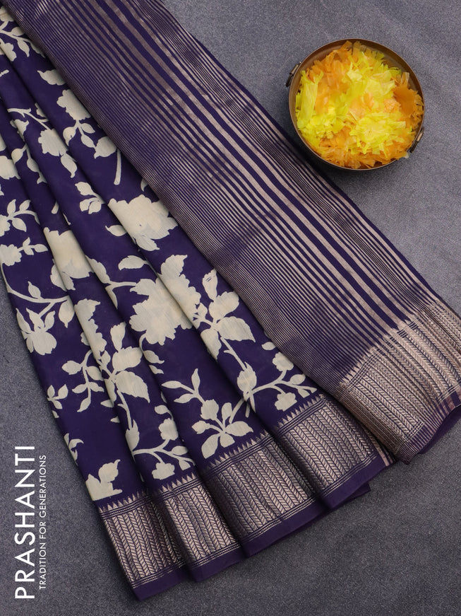 Assam silk saree blue with allover floral prints and zari woven border