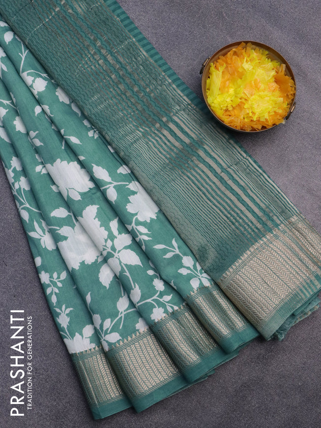 Assam silk saree pastel green with allover floral prints and zari woven border