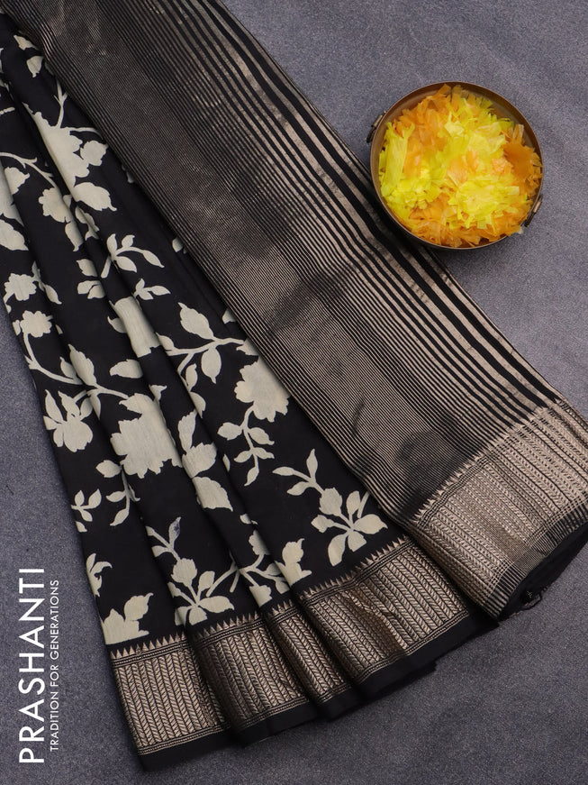 Assam silk saree black with allover floral prints and zari woven border