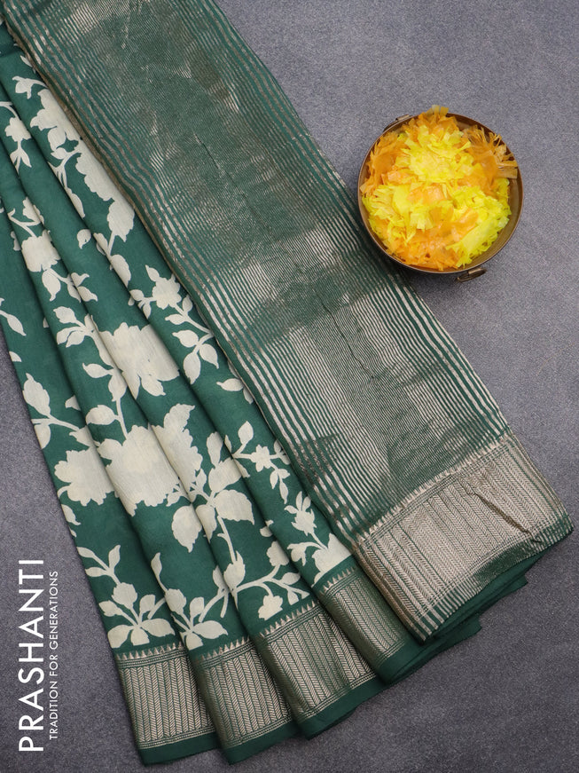 Assam silk saree green with allover floral prints and zari woven border