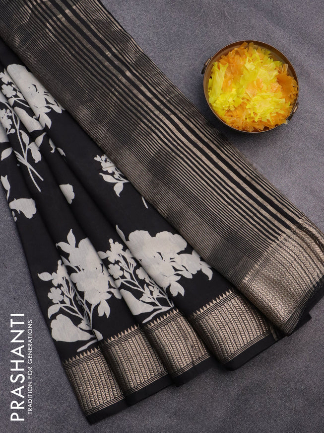 Assam silk saree black with floral prints and zari woven border