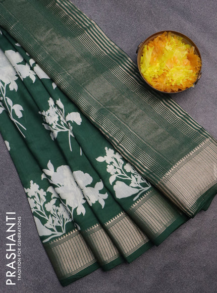 Assam silk saree green with floral prints and zari woven border