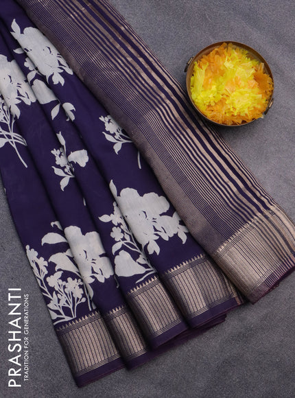 Assam silk saree blue with floral prints and zari woven border