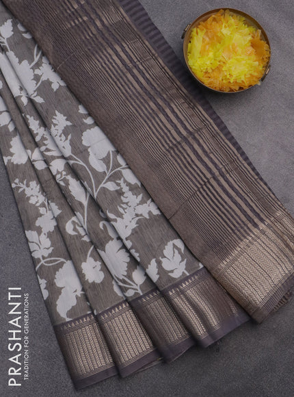 Assam silk saree grey shade with allover floral prints and zari woven border