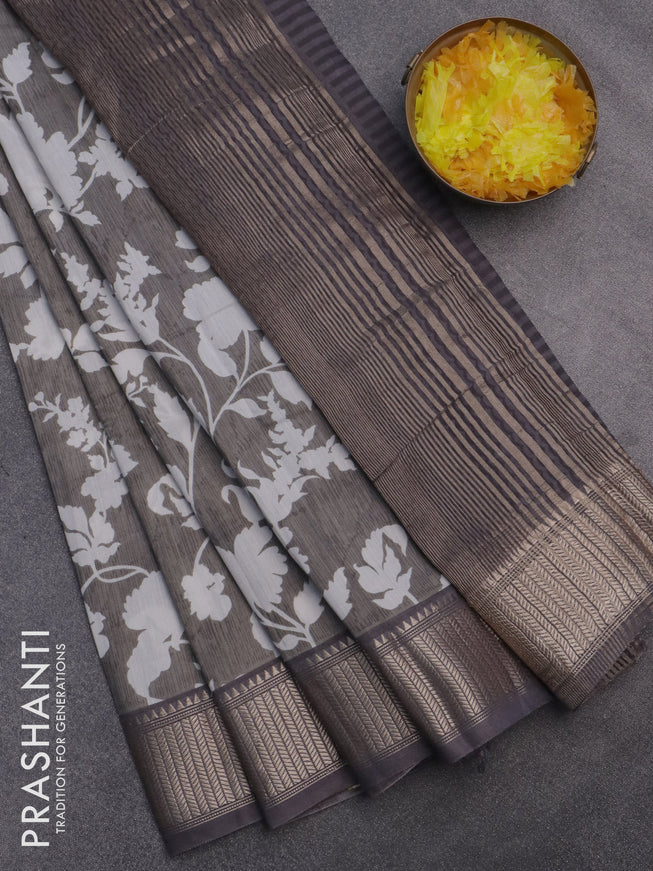 Assam silk saree grey shade with allover floral prints and zari woven border