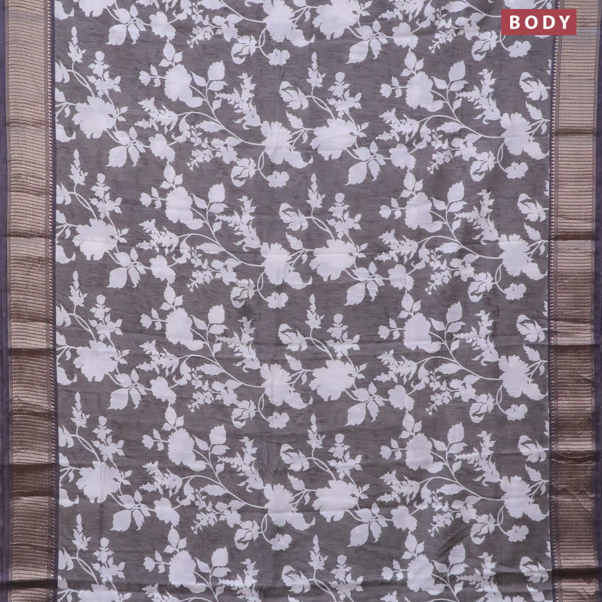 Assam silk saree grey shade with allover floral prints and zari woven border