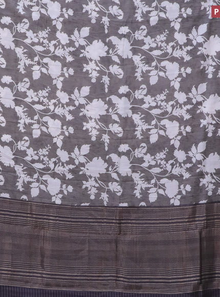 Assam silk saree grey shade with allover floral prints and zari woven border