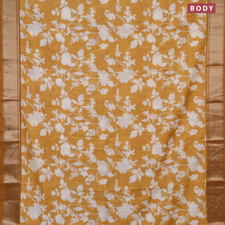 Assam silk saree mustard yellow with allover floral prints and zari woven border