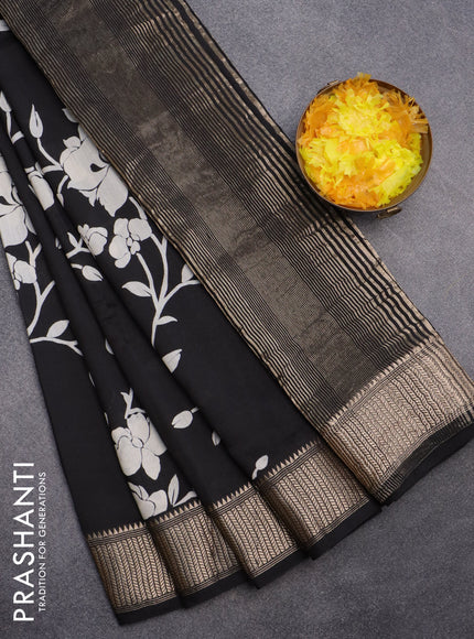 Assam silk saree black with allover floral prints and zari woven border