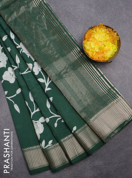 Assam silk saree green with allover floral prints and zari woven border