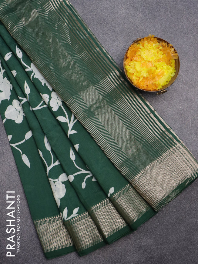 Assam silk saree green with allover floral prints and zari woven border