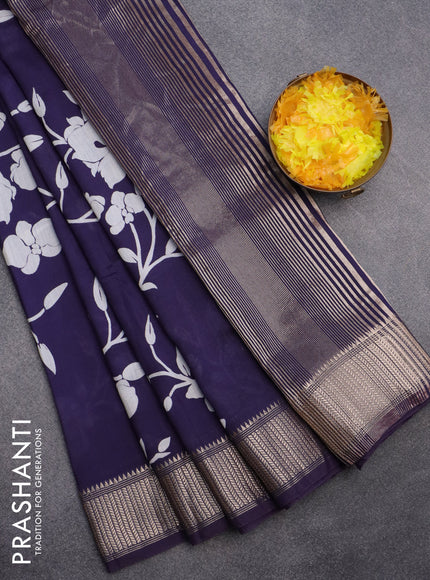 Assam silk saree blue with allover floral prints and zari woven border