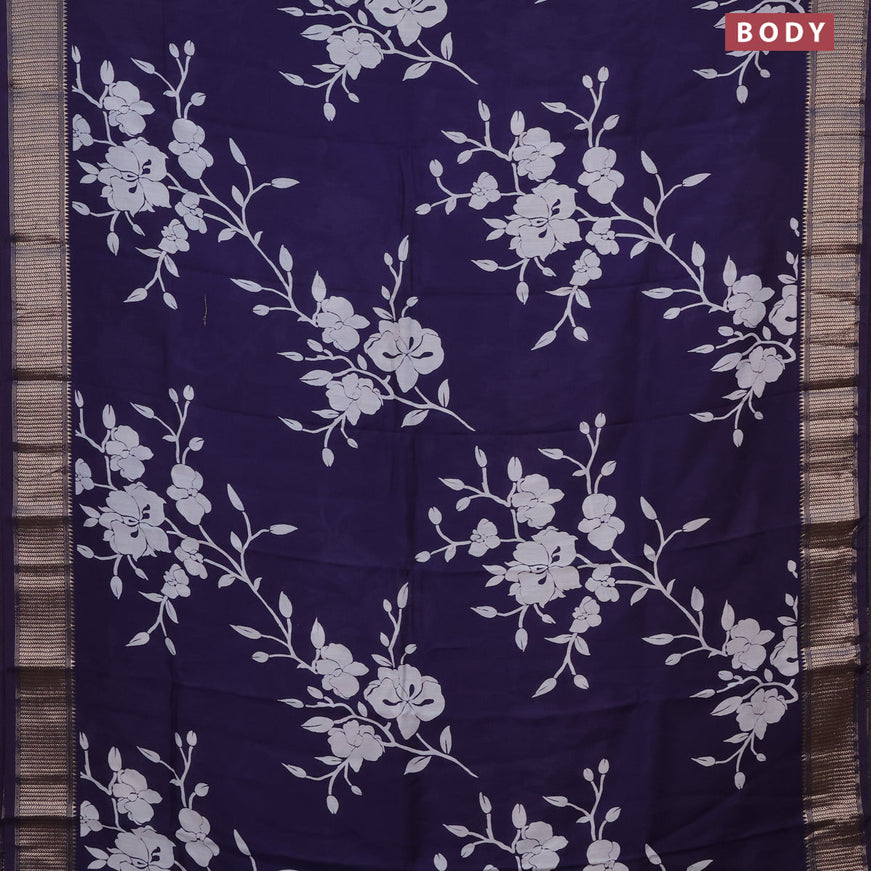 Assam silk saree blue with allover floral prints and zari woven border