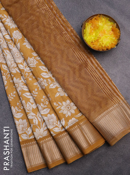 Assam silk saree mustard yellow with allover floral prints and zari woven border