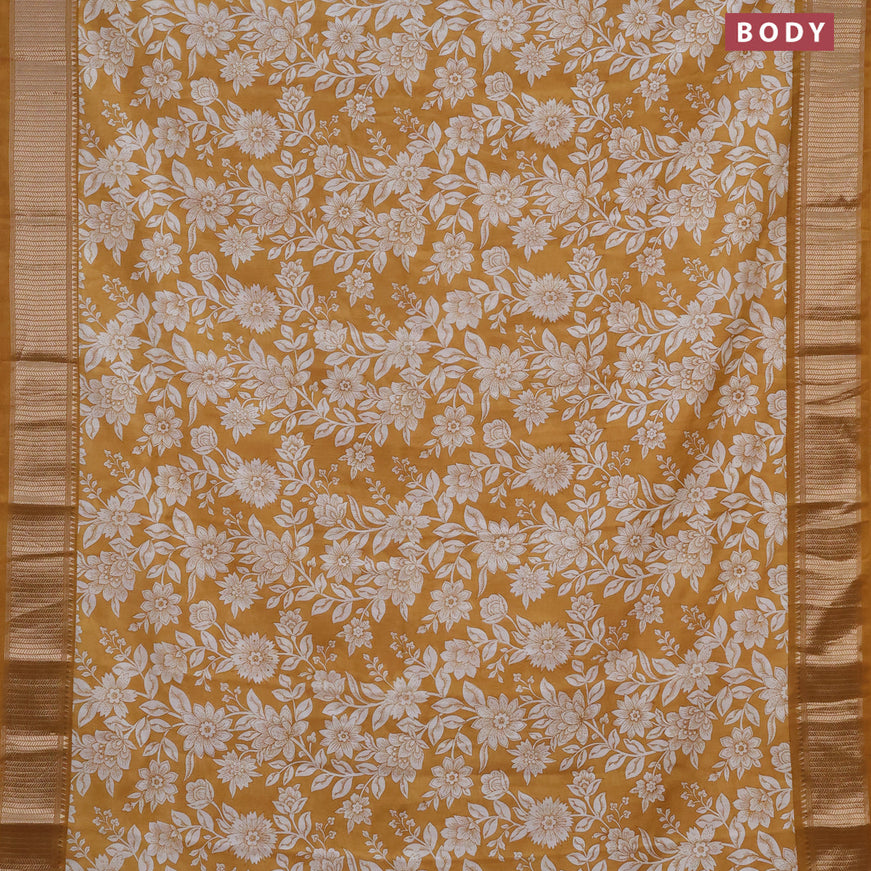 Assam silk saree mustard yellow with allover floral prints and zari woven border