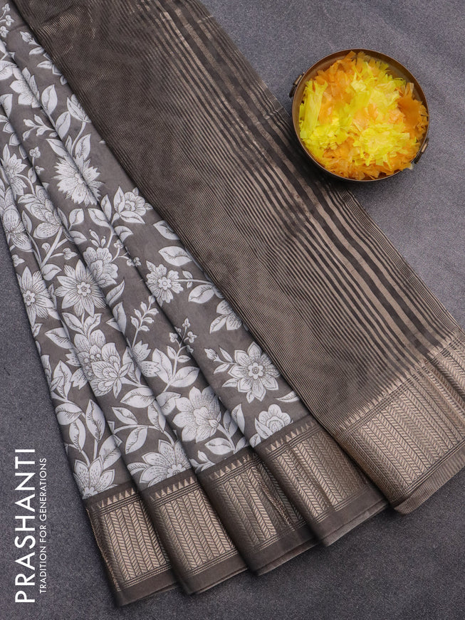 Assam silk saree grey shade with allover floral prints and zari woven border