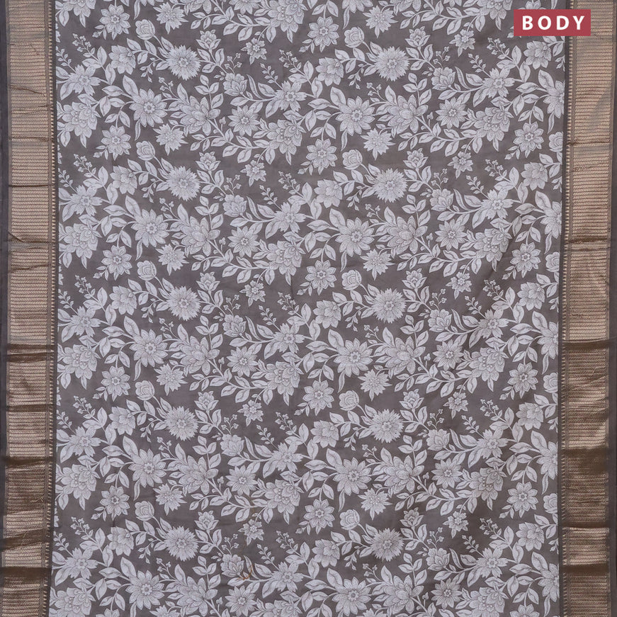 Assam silk saree grey shade with allover floral prints and zari woven border