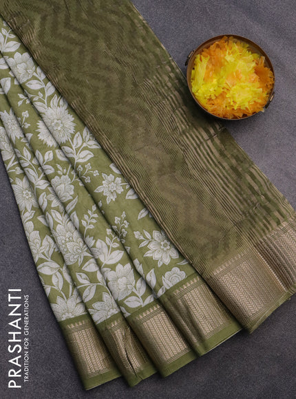 Assam silk saree green shade with allover floral prints and zari woven border