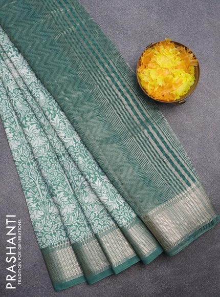 Assam silk saree teal green shade with allover prints and zari woven border