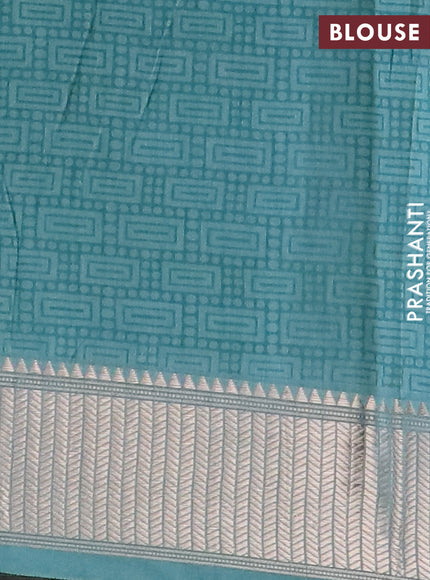 Assam silk saree teal green shade with allover prints and zari woven border